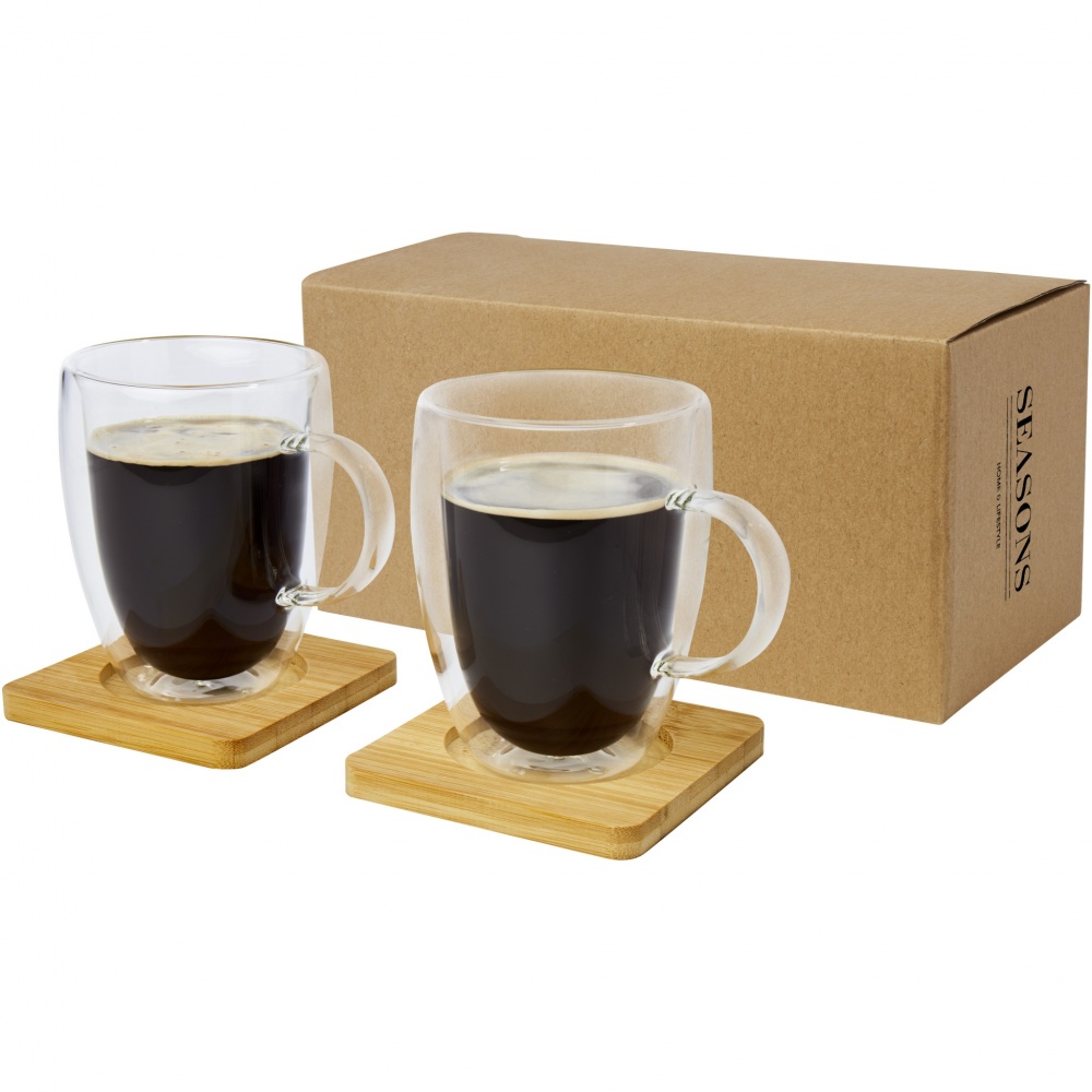Logotrade Logogeschenke das Foto: Manti 2-teiliger 350 ml doppelwandiger Glasbecher mit Bambusuntersetzer 