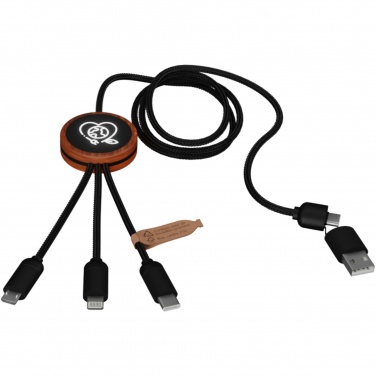 Logotrade Werbeartikel das Foto: SCX.design C37 5-in-1 rPET Ladekabel in rundem Bambusgehäuse mit Leuchtlogo