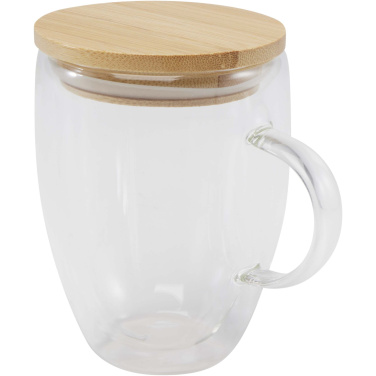 Logotrade Firmengeschenke das Foto: Leona 350 ml Glasbecher mit Bambusdeckel