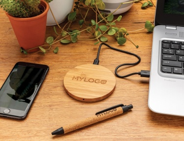 Logo trade promotional gift photo of: Bamboo 5W round wireless charger