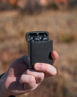Logotrade corporate gift image of: Skywave RCS recycled plastic solar earbuds