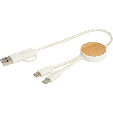 Logotrade corporate gift image of: Chechia 5-in-1 recycled plastic 30 cm data sync and 27W fast charge cable with bamboo details