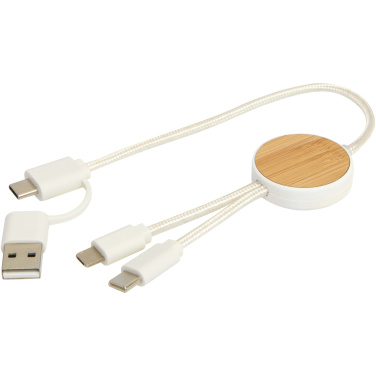 Logo trade promotional products image of: Chechia 5-in-1 recycled plastic 30 cm data sync and 27W fast charge cable with bamboo details