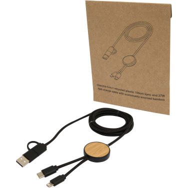 Logotrade promotional merchandise photo of: Chechia 5-in-1 recycled plastic 150 cm data sync and 27W fast charge cable with bamboo details