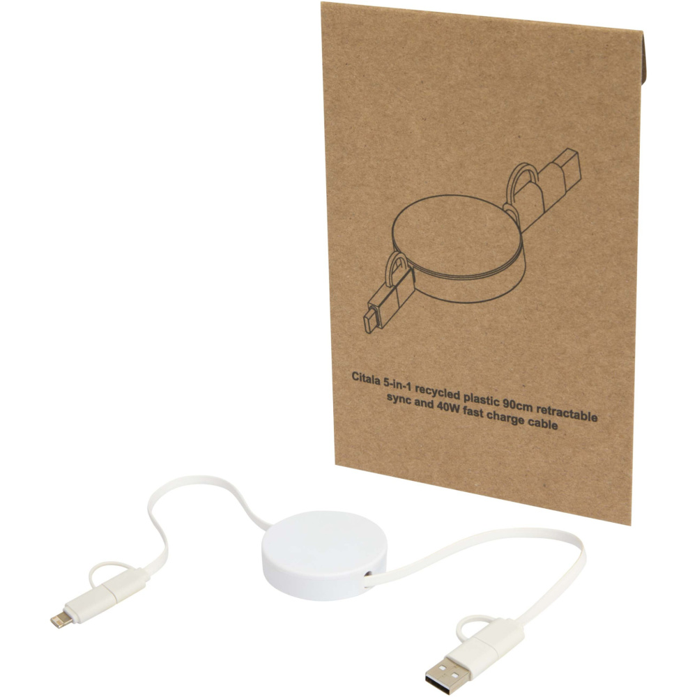 Logotrade promotional product image of: Citala 5-in-1 recycled plastic 90 cm retractable data sync and 40W fast charge cable