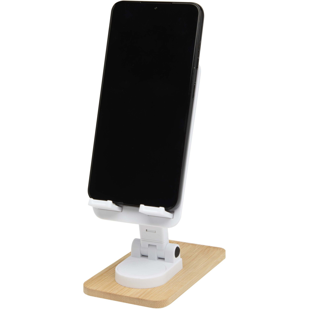 Logo trade promotional giveaways image of: Alfirk recycled plastic foldeable desk phone stand with bamboo details